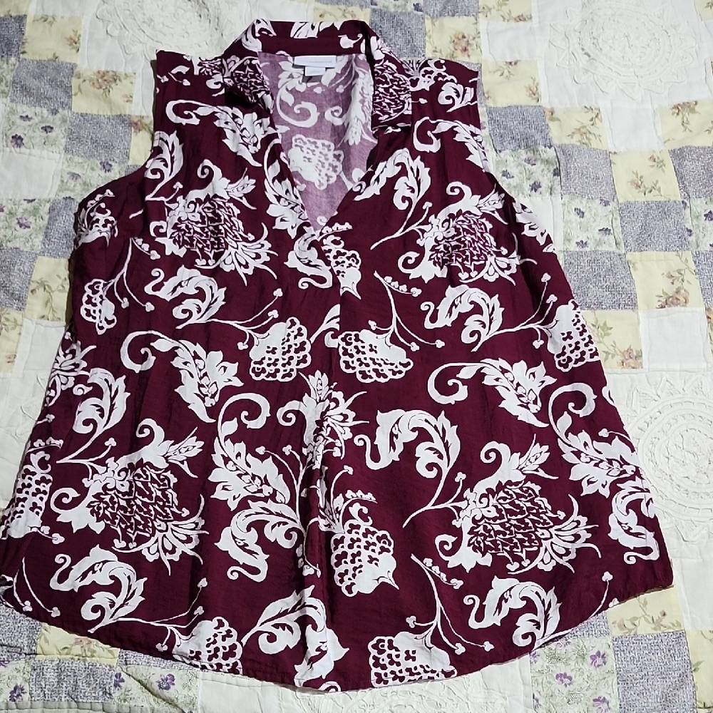 Floral Sleeveless Top - Burgundy and White